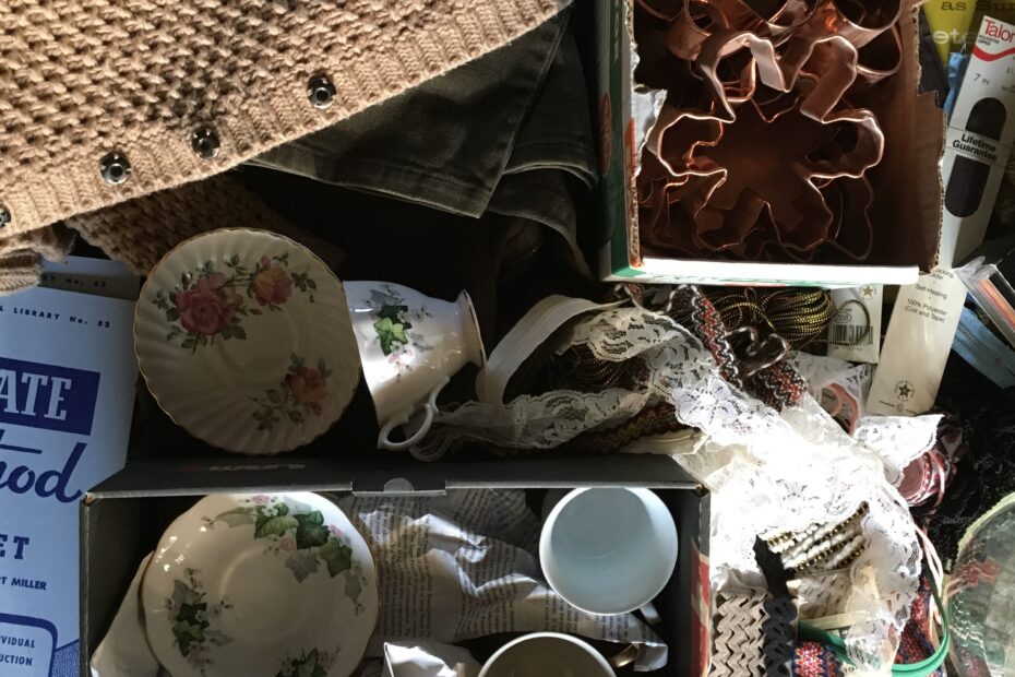 image of tea cups, music books, clothing, craft supplies, and cookie cutters